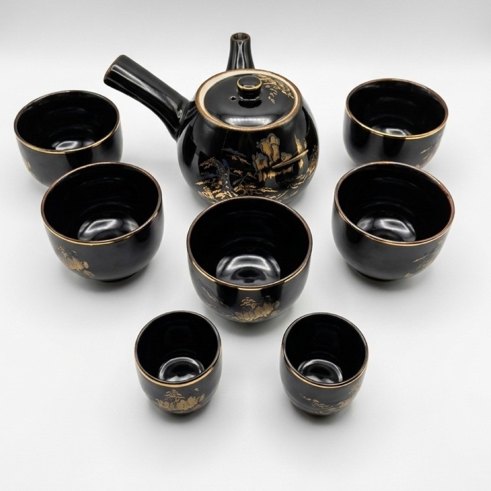 Japanese Kyusu Tea Set Black Gold Landscape 8 Piece Teapot Cups Oriental Zen